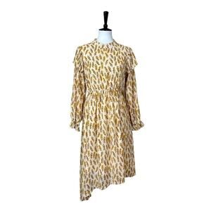 Mikarose Dress Asymmetrical Blouson Waist Cream Leaf Print Women’s Size Medium M